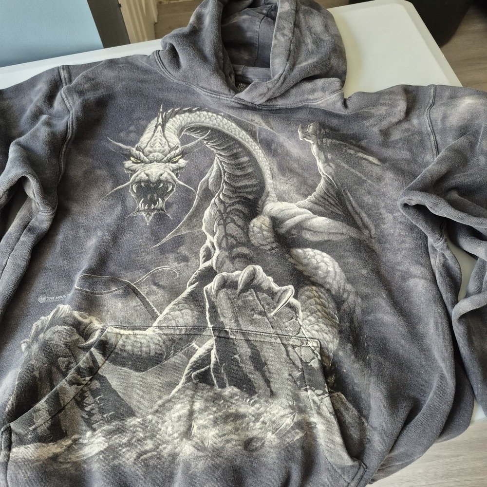 The Mountain Hoodie Mens Medium Black Gray Dragon Fantasy Tie Dye Sweatshirt